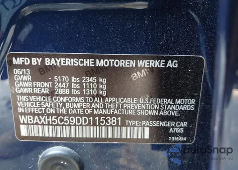 2013 BMW 528I xDrive из США, поврежденный, VIN WBAXH5C59DD115381